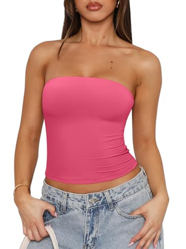 REORIA Women's Strapless Tube Top Double Lined Cute Y2K Backless Bandeau Crop Tnak Tops for Sexy Going Out Outfits Trendy Summer Clothes 2026 Pink Large | Amazon (US)