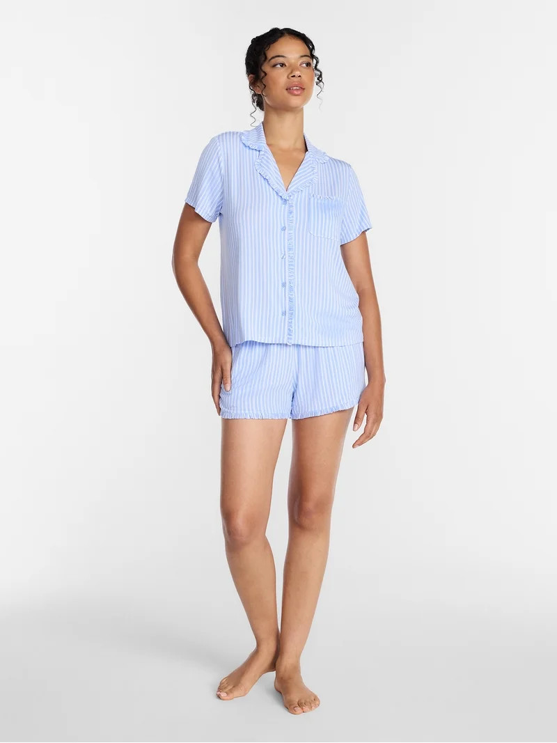 Joyspun Women’s Modal-Blend Ruffle Trim Notch Collar Top and Shorts Pajama Set, 2 Piece, Sizes ... | Walmart (US)