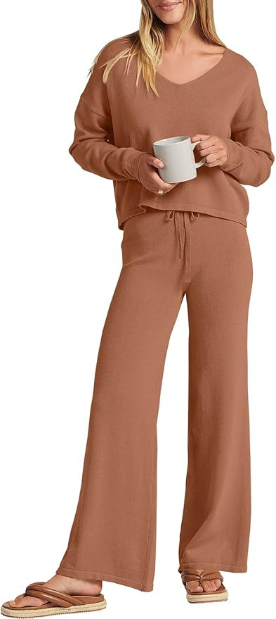 ANRABESS Women’s Two Piece Outfits Long Sleeve V Neck Crop Top with High Waist Wide Leg Pants S... | Amazon (US)