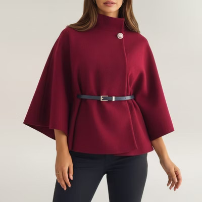 Anna-Kaci Womens Structured Cape Style Top with High Neck and Waist Belt - Burgundy | Target