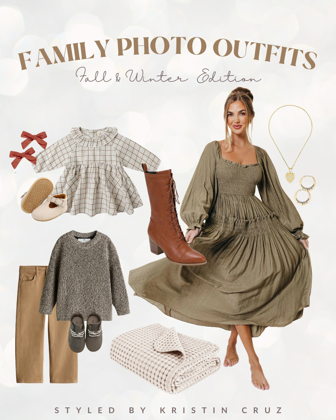 Back to posting coordinated family looks—just in time to catch the last of those fall leaves and start planning for Christmas photos! 😍🎅

This sage and taupe palette is chef’s kiss for fall and winter shoots. That flowing olive maxi with smocked detail is the anchor piece, and from there it all comes together effortlessly: a cozy chunky knit, a sweet gingham baby dress, and rich cognac boots. 😍

Every piece complements the others—nothing’s competing. It’s one of those combos that just works.

#LTKFamily #LTKSeasonal #LTKStyleTip