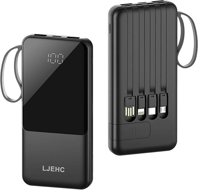 Portable Charger with Built in Cables,10000mAh Slim USB C Power Bank,5 Output 3 Input LED Display... | Amazon (US)
