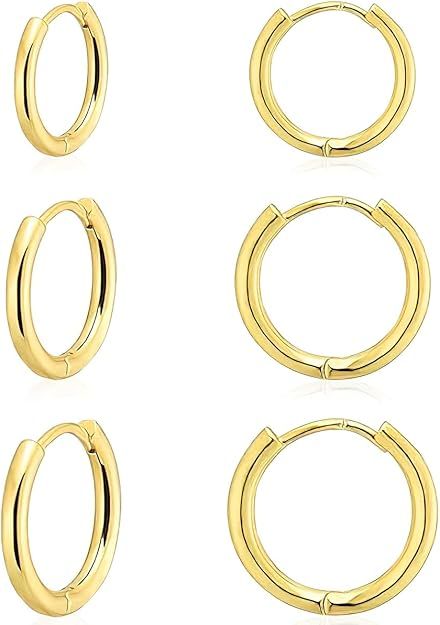 3 Pairs 14K Gold Plated Huggie Hoop Earrings for Women, Minimalist Gold Huggie Hoop Earrings, Sim... | Amazon (US)