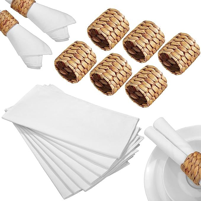 6 Pieces Woven Napkin Ring and 6 Pieces White Cloth Napkins Rustic Water Hyacinth Napkin Ring Hol... | Amazon (US)