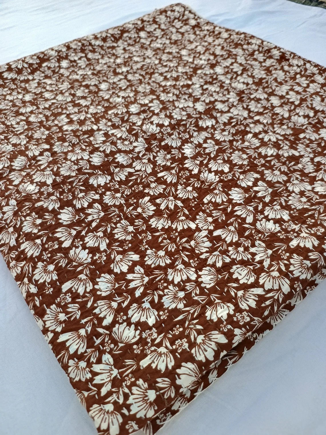 Chocolate Brown Kantha Quilt Elisa Kantha Quilt Handblock Print Indian Netural Colour floral prin... | Walmart (US)