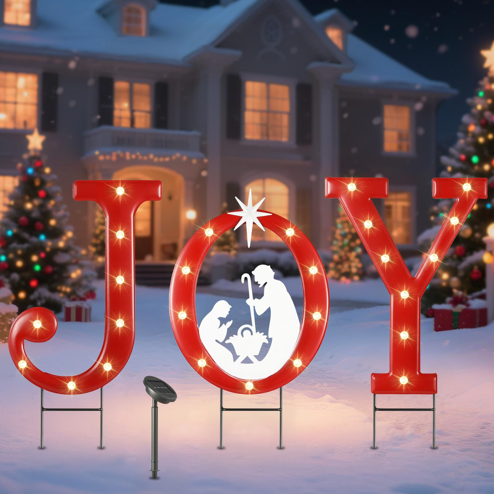 Lewondr 3 PCS Christmas Decororations Outdoor, 23.62" Solar Metal Joy Nativity Yard Sign, Xmas Ga... | Amazon (US)