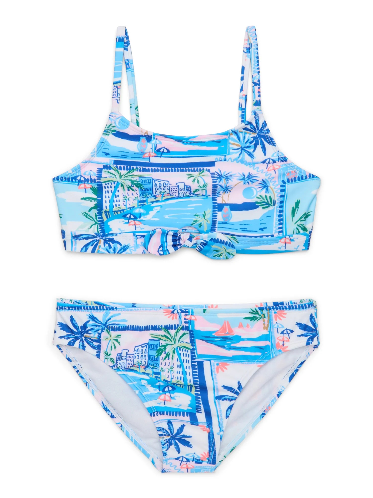 Wonder Nation Girls Paradise Print Tie-Front Bikini Top and Bottoms Swimsuit Set with UPF 50, 2-P... | Walmart (US)