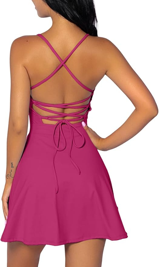 QINSEN Womens Two Pieces Tennis Dress with Shorts Workout Open Back Active Golf Dresses | Amazon (US)