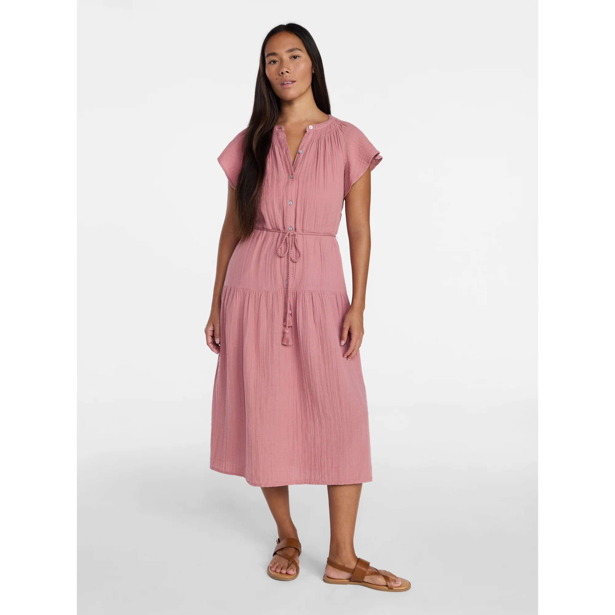 Time and Tru Women's Cotton Double Cloth Midi Dress with Short Flutter Sleeves, Sizes XS-XXXL | Walmart (US)