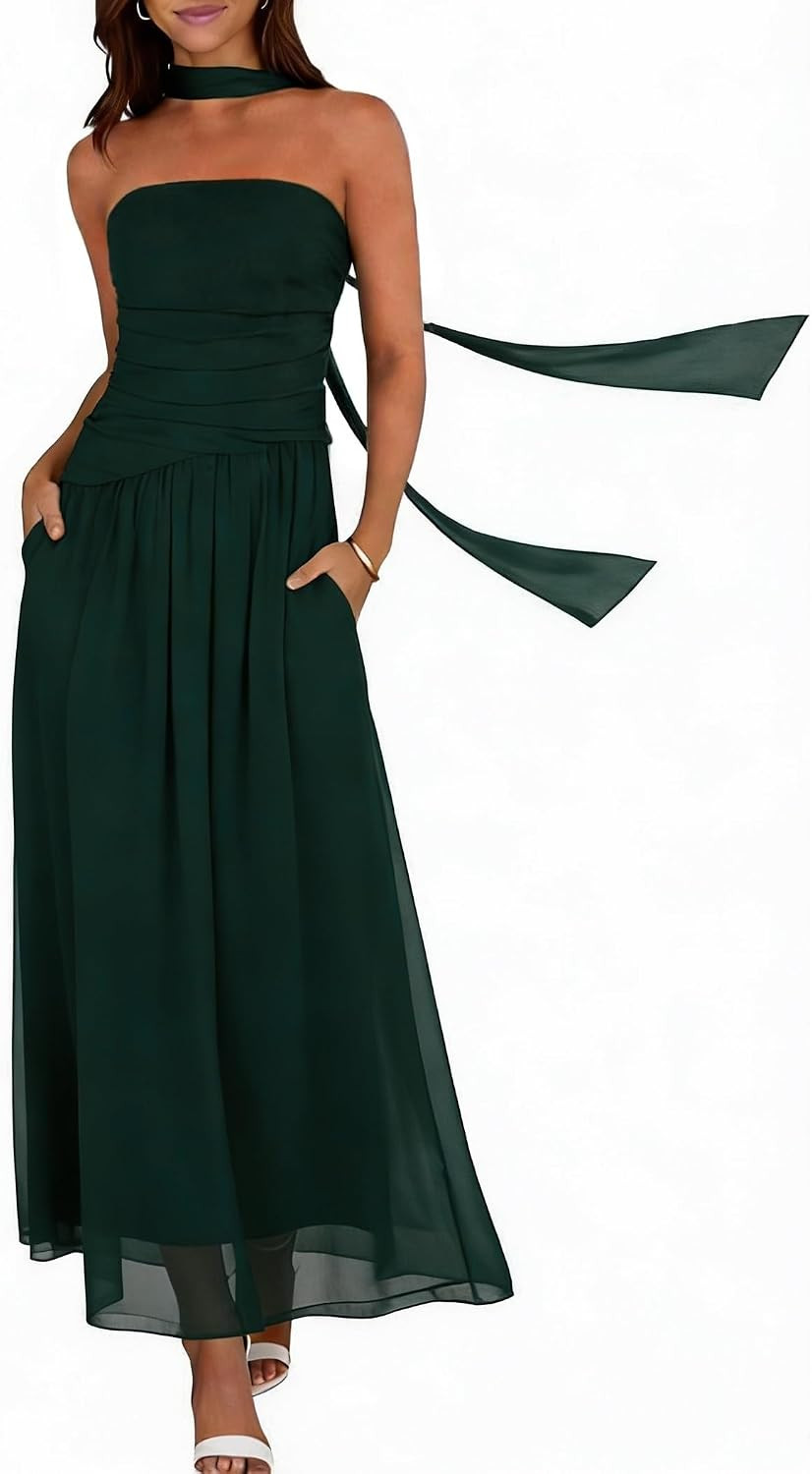 Women's Strapless Ruched Maxi Dress with Scarf, Wedding Guest | Amazon (US)