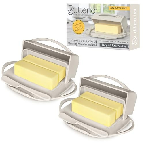 Butterie Flip Top Butter Dish with Attached Lid & Matching Knife, 2 Pack - Holds 2 Sticks, Fits Kerrygold/European Butter - BPA Free & Dishwasher Safe - Ivory | Amazon (US)
