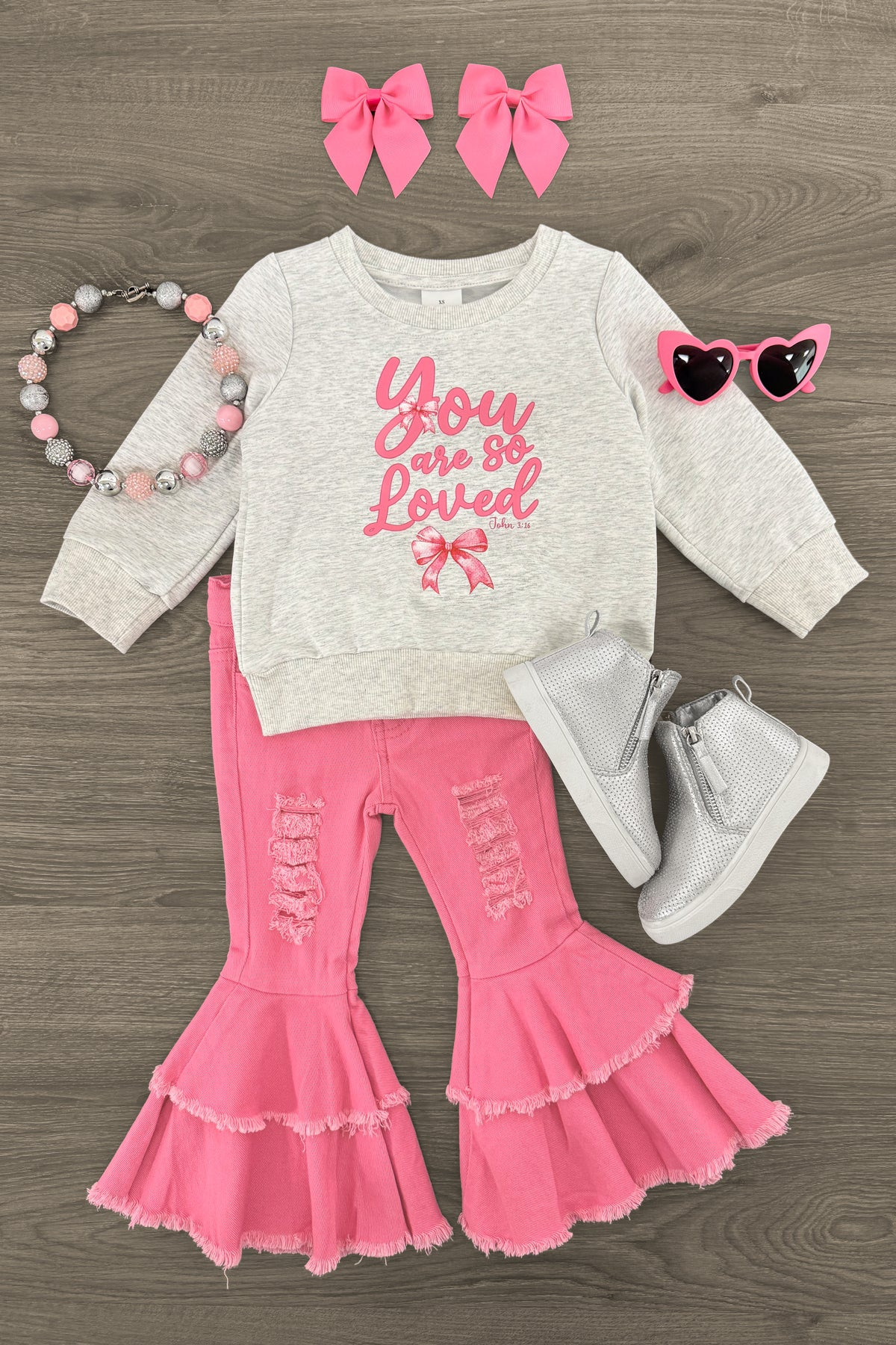 "You Are So Loved" Pink Denim Bell Bottom Set | Sparkle In Pink