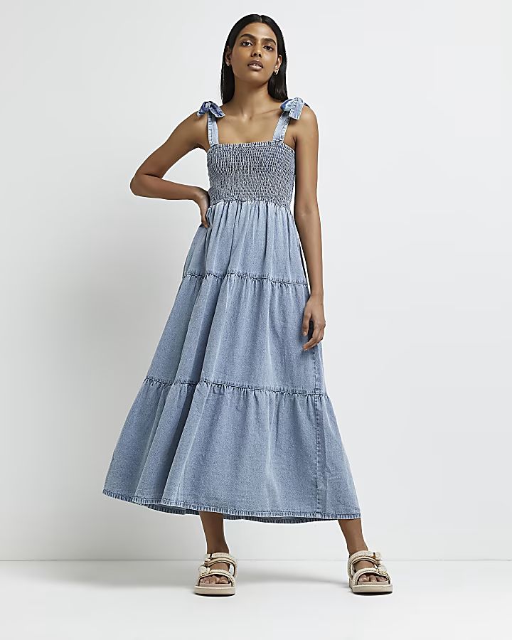 Blue denim shirred maxi dress | River Island (UK & IE)