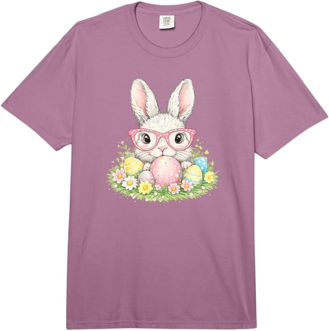 Cute Easter Bunny Glasses Spring Rabbit Pattern Comfort Colors Adult Heavyweight T-Shirt | Amazon (US)