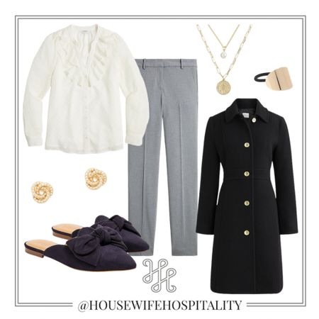 Classic preppy style work wear for fall. Black and white monochromatic outfit style, J. crew Factory finds, bow slides, gold jewelry, pea coat, ruffles 

#LTKsalealert #LTKunder100 #LTKworkwear