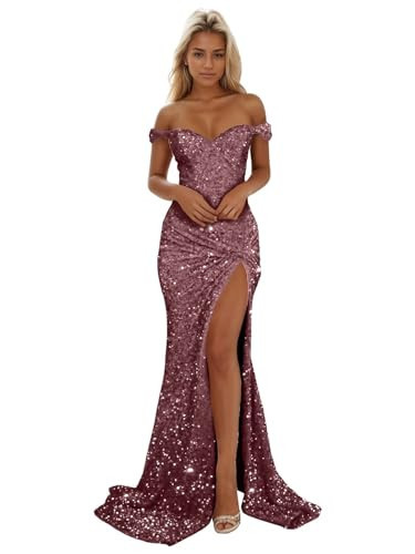 Sougoue Plus Size Sequin Prom Dresses for Women Long Sparkly Off Shoulder Dusty Pink Formal Party Gowns Sweetheart Backless US16 Plus | Amazon (US)