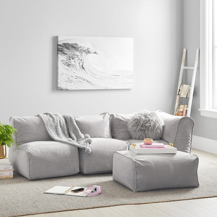 Prescott Super Sectional Set (1 Corner + 2 Centers + 1 Ottoman), Enzyme-Washed Canvas Charcoal | Pottery Barn Teen