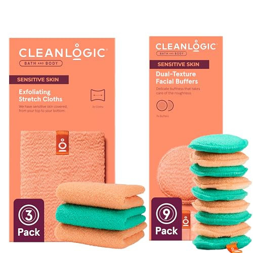 Cleanlogic Daily Skincare Set for Sensitive Skin – 3 Exfoliating Body Cloths + 9 Gentle Makeup Remover Facial Pads, Soft Texture for Smoothing & Cleansing | Amazon (US)
