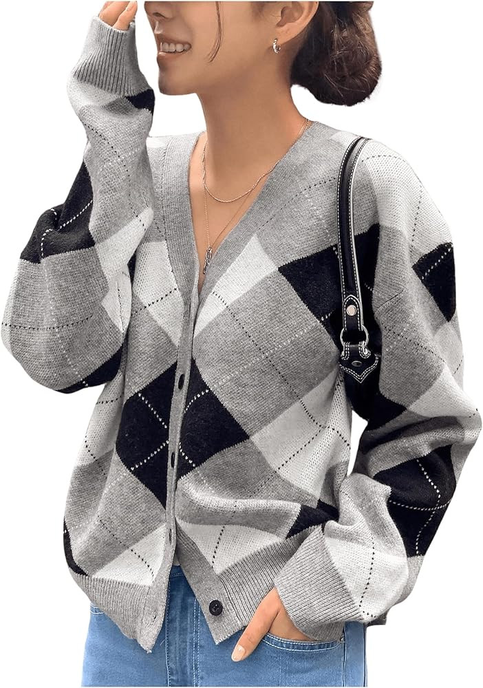 SHENHE Argyle Sweater V Neck Cardigan Sweater | Amazon (US)