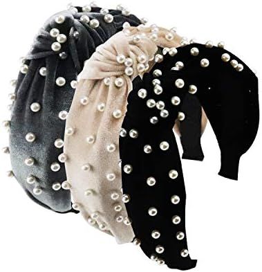 Greuame 3 Pack Wide Top Knot Pearls Headband with Elastic Hoop, Turban Hairband Velvet Hair Hoop ... | Amazon (US)