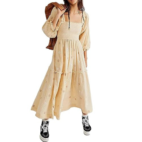 Women Long Puff Sleeve Embroidered Maxi Dress Square Neck Floral Flowy Long Dress Elastic High Waist Flower Tiered A Line Dresses | Amazon (US)