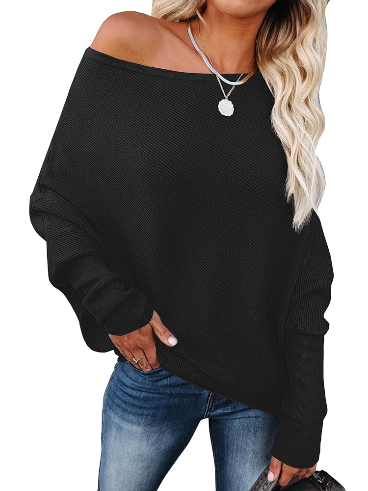 ANRABESS Womens Off Shoulder Sweaters 2025 Fall Long Batwing Sleeve Loose Fit Knit Tops Casual Pu... | Amazon (US)