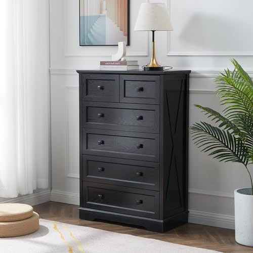 LDTTCUK 6 Drawer Dresser, Farmhouse Dresser Chest of Drawer for Bedroom, 48 Inch Tall Dresser, Wood Storage Chest of Drawers Storage Cabinet for Living Room, Entryway, Hallway, Black | Amazon (US)