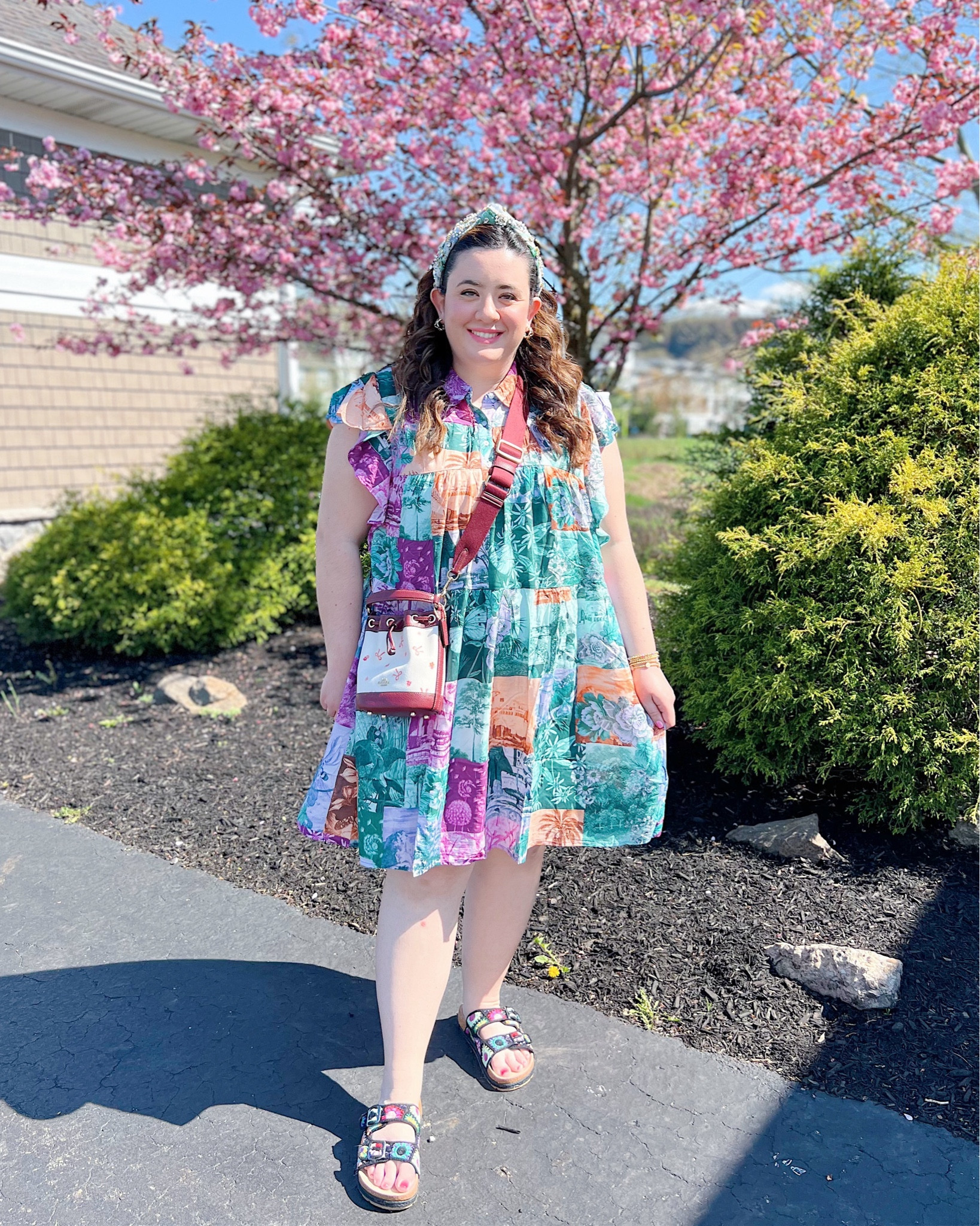 Patchwork print flowy mini dress with collar and ruffle sleeves (currently 30% off!) - available in straight and plus sizes, mini bucket bag, crochet sandals 

#LTKsalealert #LTKplussize #LTKfindsunder100