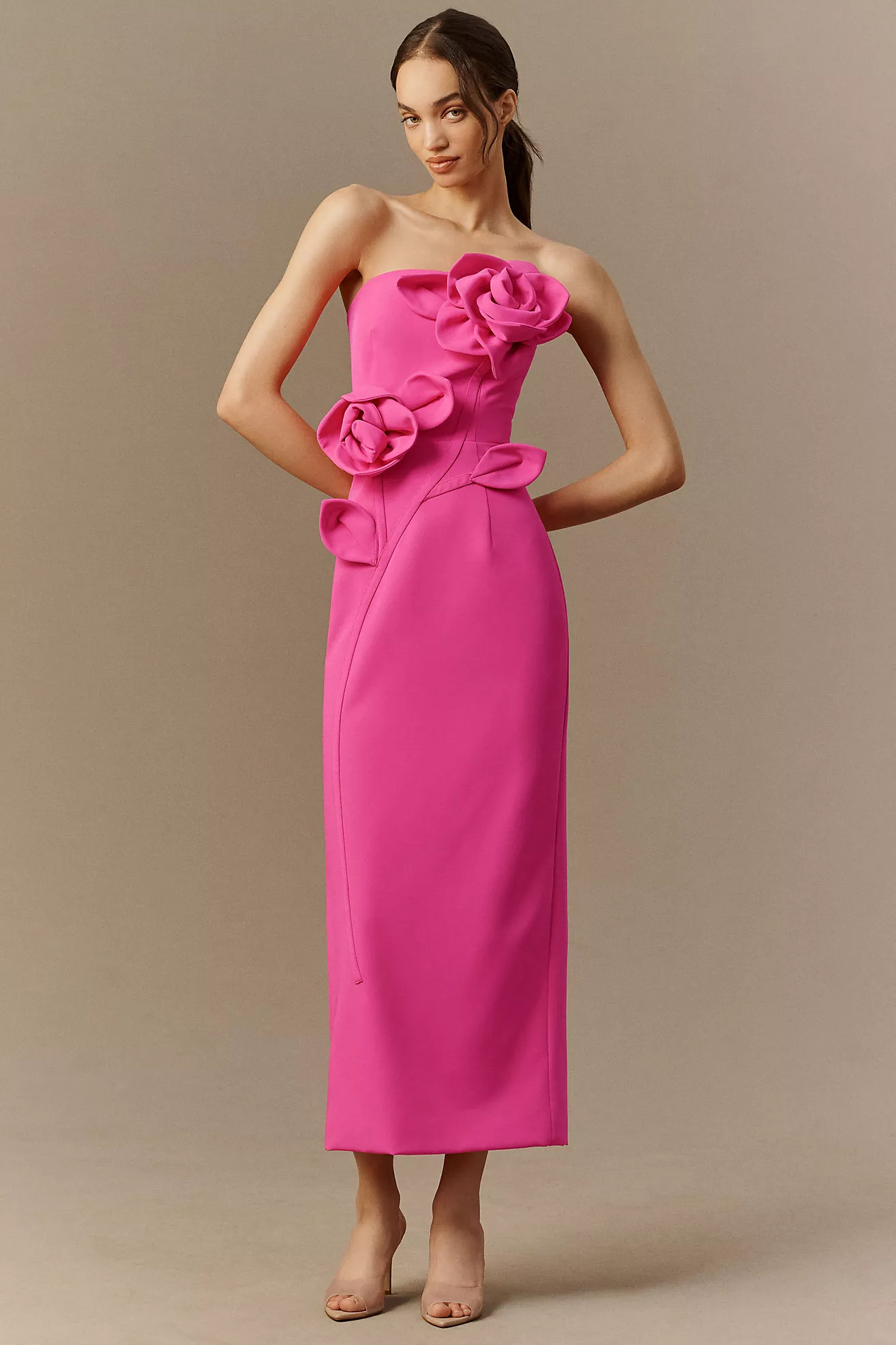 Mac Duggal Crepe Strapless 3D Floral Midi Dress | Anthropologie (US)