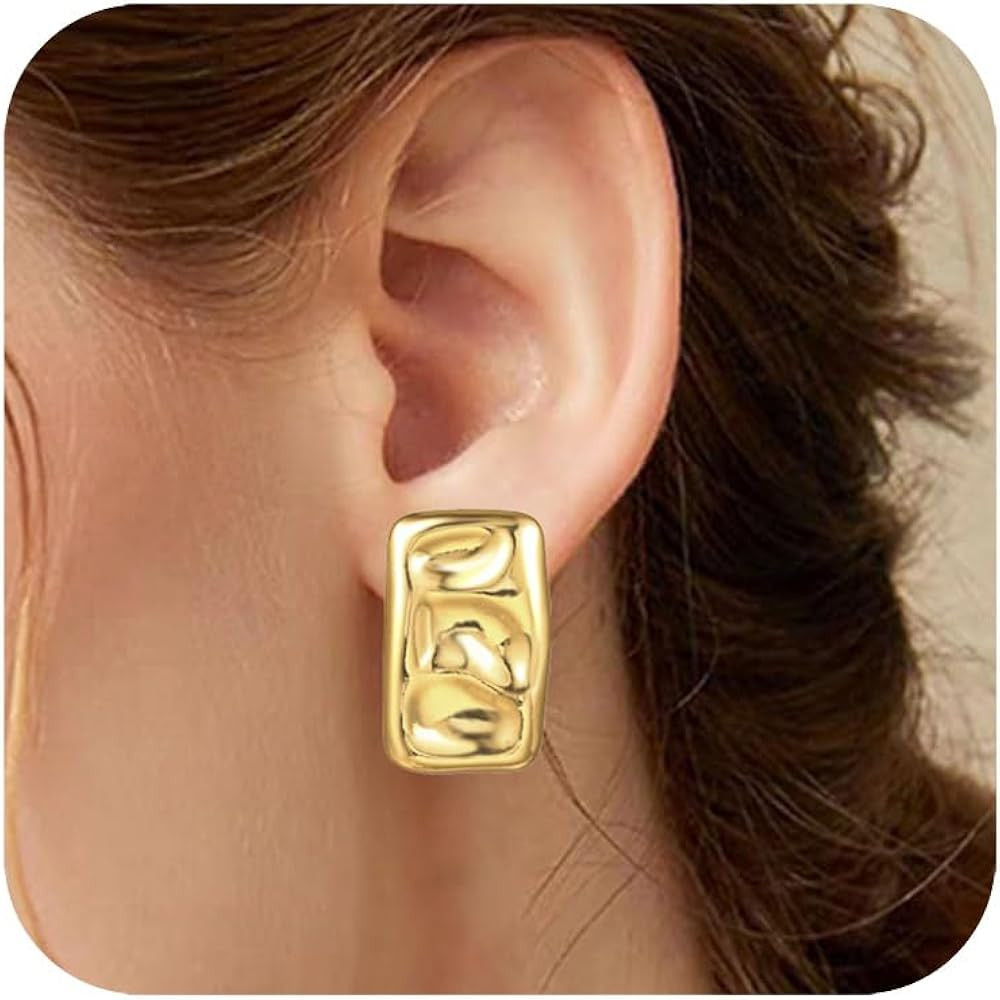 REELMAR Chunky Gold Geometric Clip On Earrings for Women Trendy Thick Hammered Rectangle Dupes Ea... | Amazon (US)