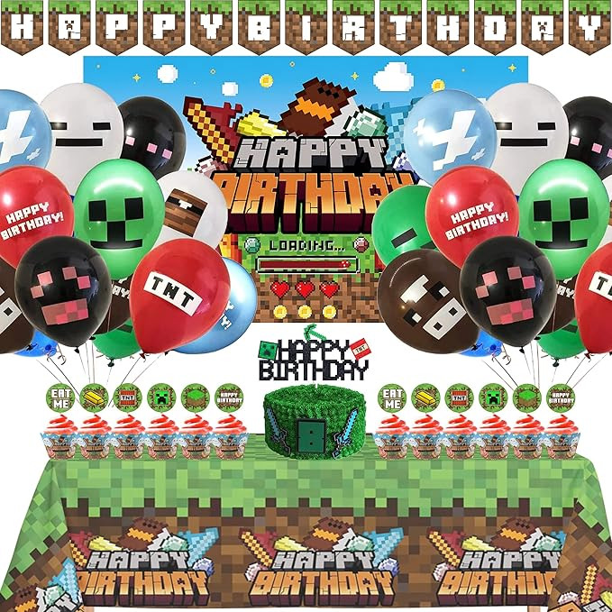 Nelton Pixel Style Gamer Birthday Party Supplies includes Cake Topper, 24 Cupcake Toppers, 24 Lat... | Amazon (US)