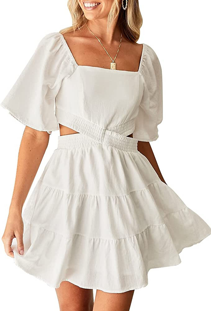 LEANI Womens Square Neck Cut Out Summer Dress Short Sleeve Crossover Waist Casual Party Mini Dress | Amazon (US)