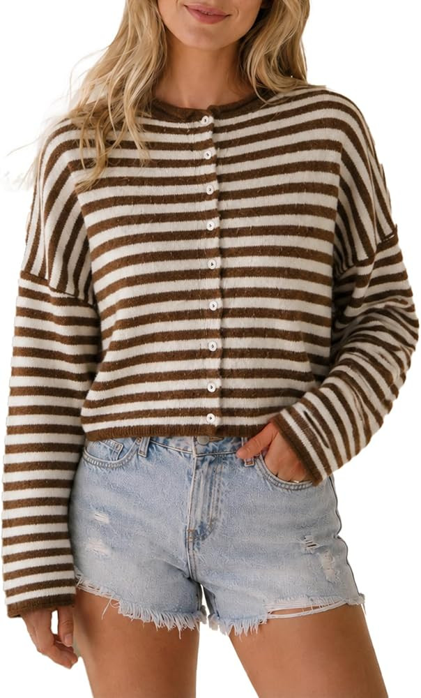 Wyeysyt Women Striped Cardigan Roll Neck Button Up Sweater | Amazon (US)