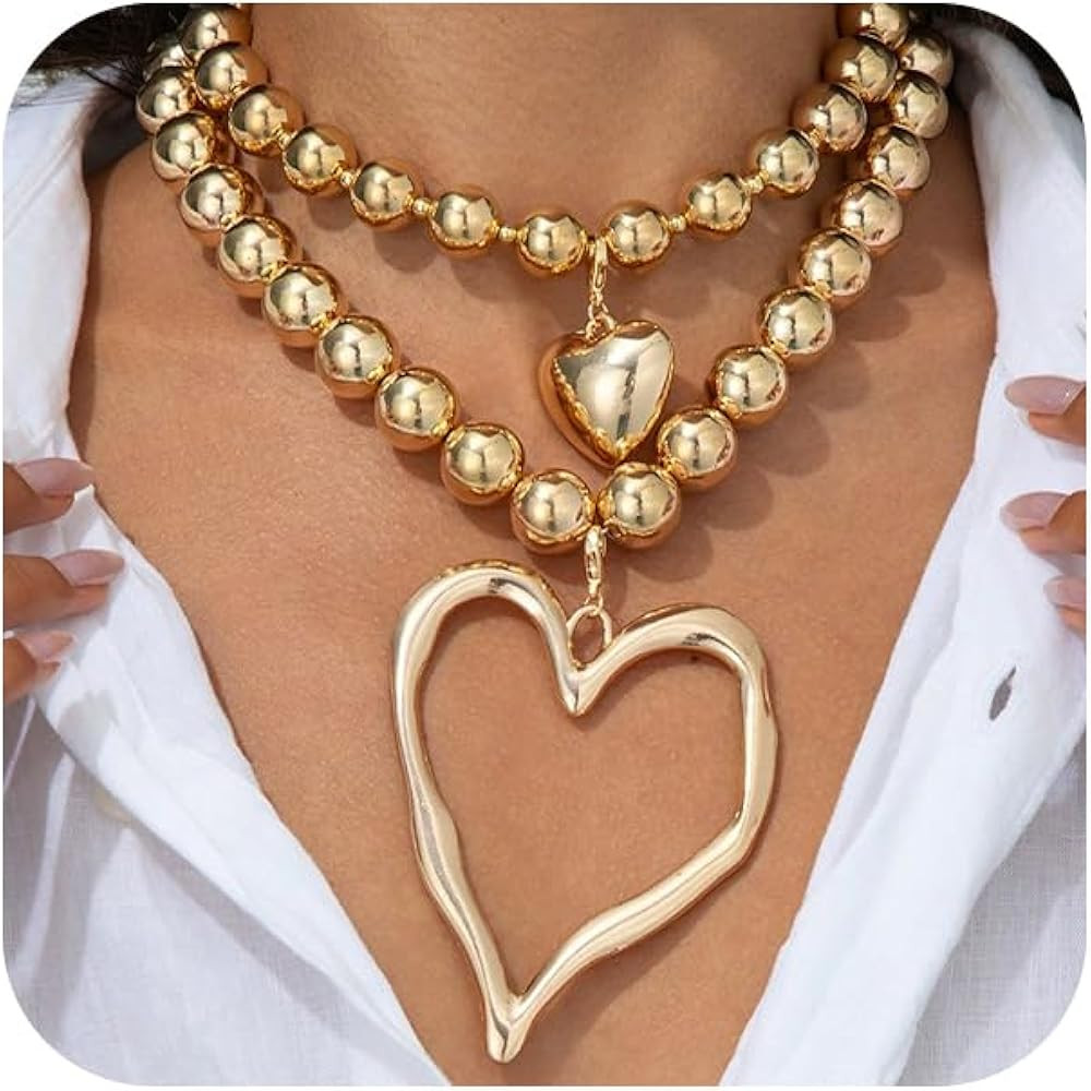 Layered Y2k Large Chunky Gold Heart Beaded Choker Necklace for Women Trendy, Statement Oversized ... | Amazon (US)