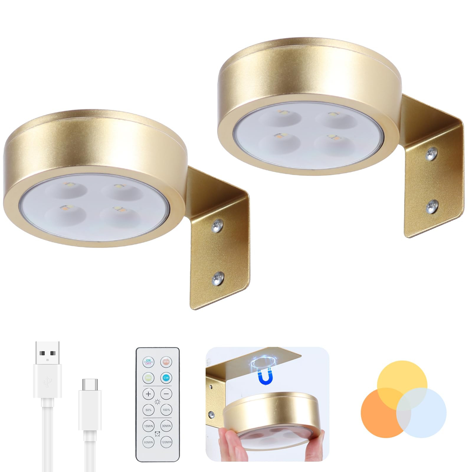 2 Pack Wireless Picture Lights for Wall, Magnetic Gold Rechargeable Picture Light Battery Operate... | Amazon (US)