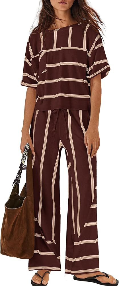 Nirovien Womens Striped Lounge Set 2 Piece Vacation Sets Short Sleeve Tops and Wide Leg Pants Tra... | Amazon (US)