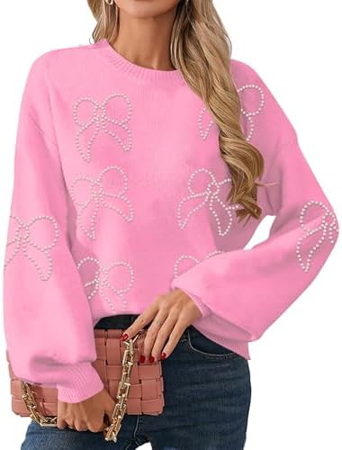 UNIQUEONE Oversized Bow Sweater Y2K Crew Neck Drop Shoulder Long Sleeve Knit Pullover Tops Fall O... | Amazon (US)