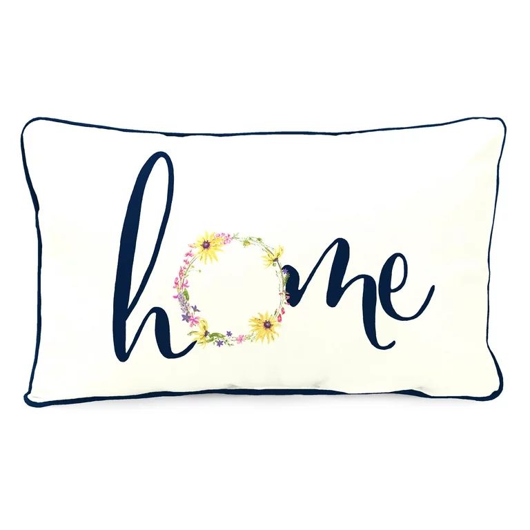 Mainstays Home Flower Wreath Reversible Outdoor Throw Pillow, 12" x 16", White Novelty and Navy S... | Walmart (US)