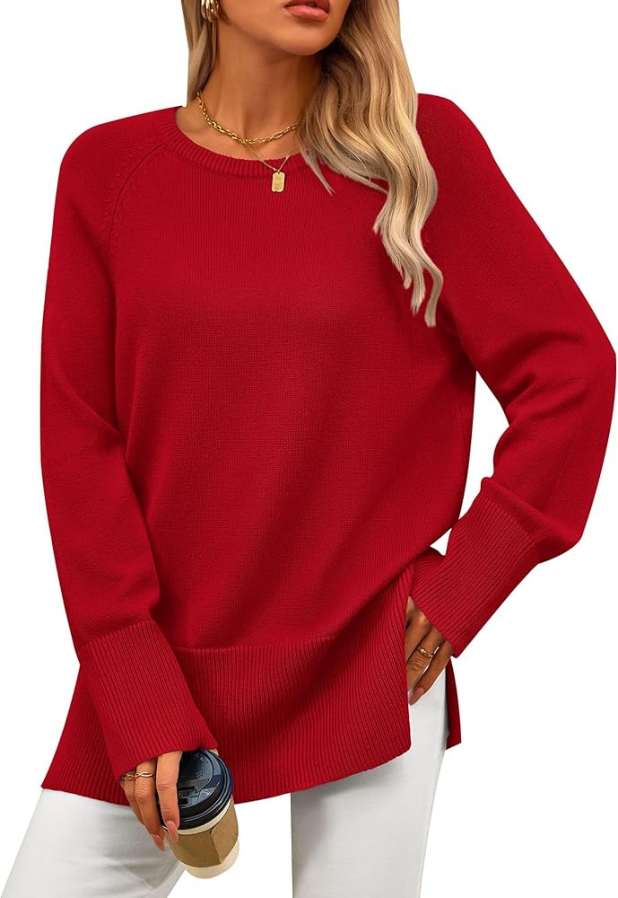 PRETTYGARDEN Women's Knit Fall Sweaters Long Sleeve Pullover Crewneck Split Hem Oversized Tunic S... | Amazon (US)