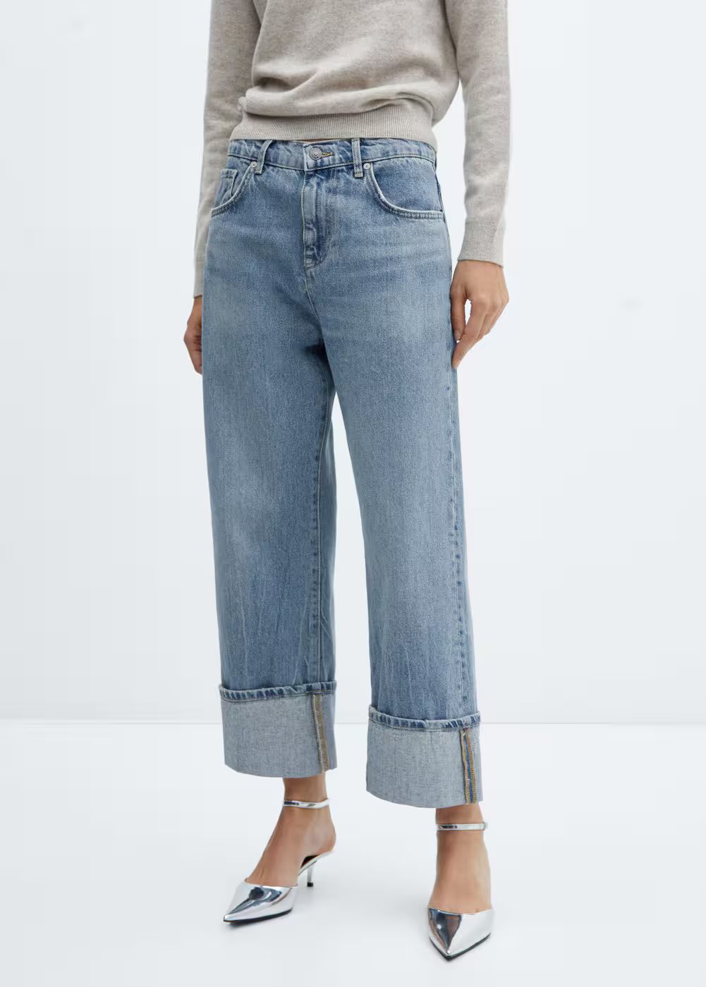 Wideleg jeans with turned-up hem -  Women | Mango United Kingdom | MANGO (UK)