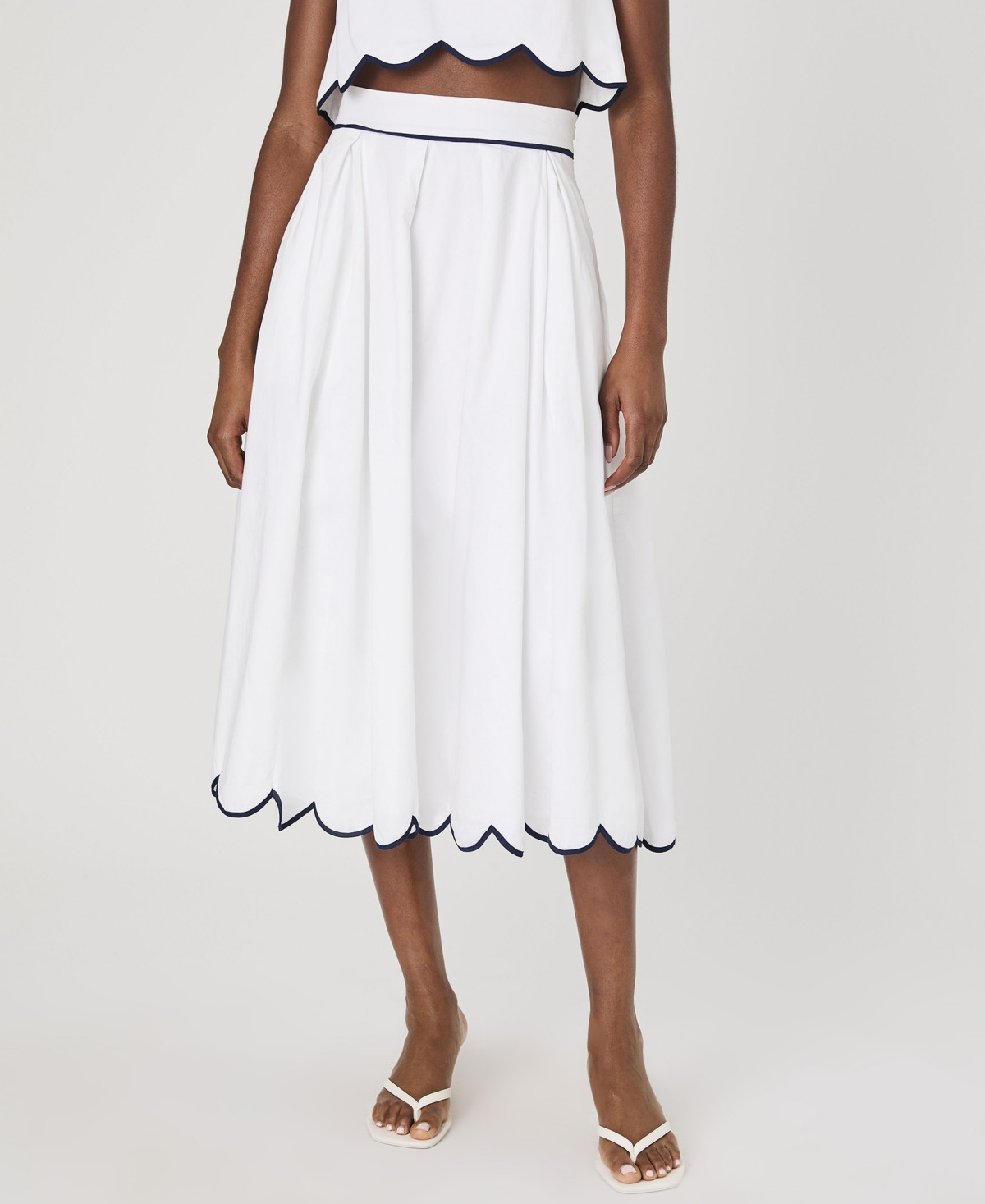 French Connection Women's Alexis Cotton Scallop Midi Skirt - Summer White/Marine | Macy's