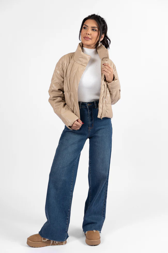 Things Take Time Khaki Faux Leather Puffer Jacket SALE | Pink Lily