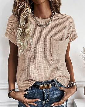 KIRUNDO Womens Spring Fall Cap Sleeve Tops 2024 Summer Casual Crew Neck Lightweight Sweater Vest ... | Amazon (US)