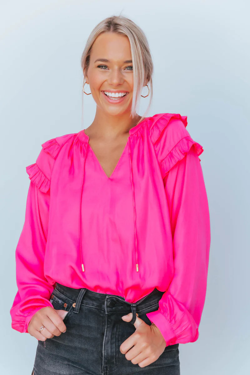 Sweet Like Bubblegum Woven Pink Ruffle Blouse | Apricot Lane Boutique