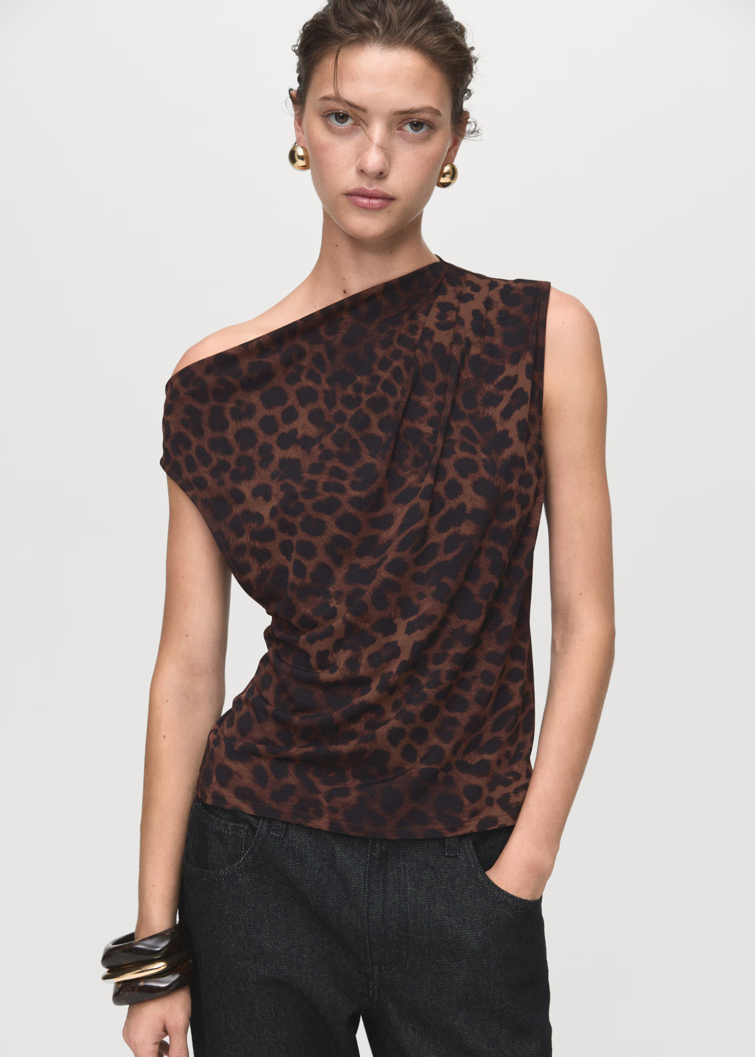 Leopard-print top with asymmetrical collar - Women | MANGO United Kingdom | MANGO (UK)