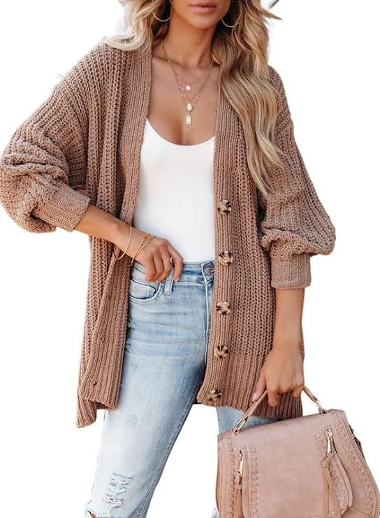 SHEWIN Women's Casual Long Sleeve Button Open Front Lightweight Cardigan Soft Cable Knit Sweater ... | Amazon (US)