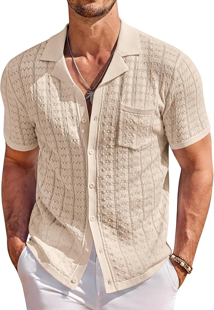 COOFANDY Men's Knit Button Down Shirt Short Sleeve Vintage Polo Shirts Summer Casual Beach Tops | Amazon (US)