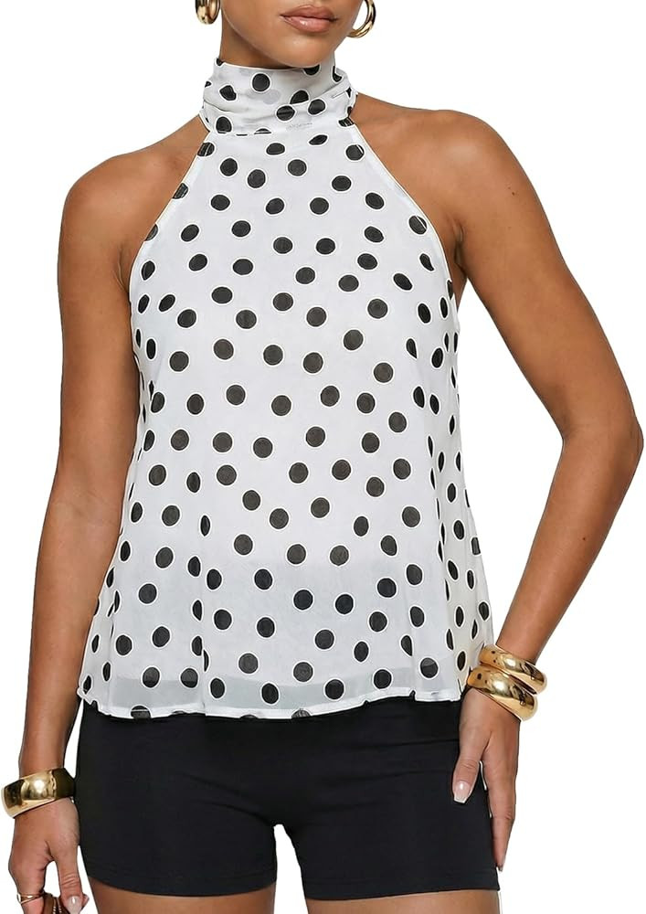 BAIGRAM Women Sleeveless Polka Dot Mesh Halter Tank Backless Flowy Peplum Tops Tie Up Scarf Mock ... | Amazon (US)