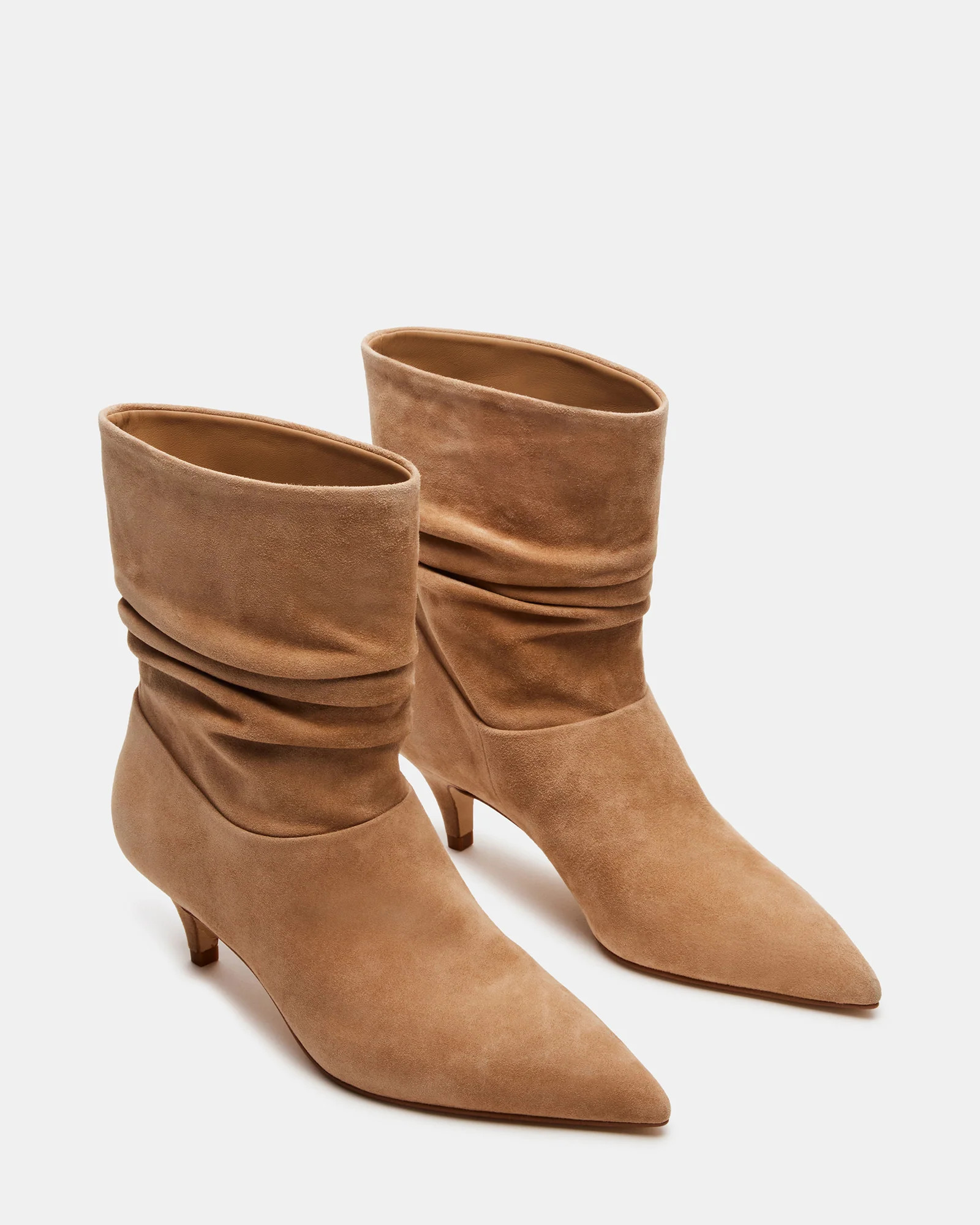 BRINWOOD Sand Suede Scrunched Kitten Heel Boot | Women's Booties | Steve Madden (US)