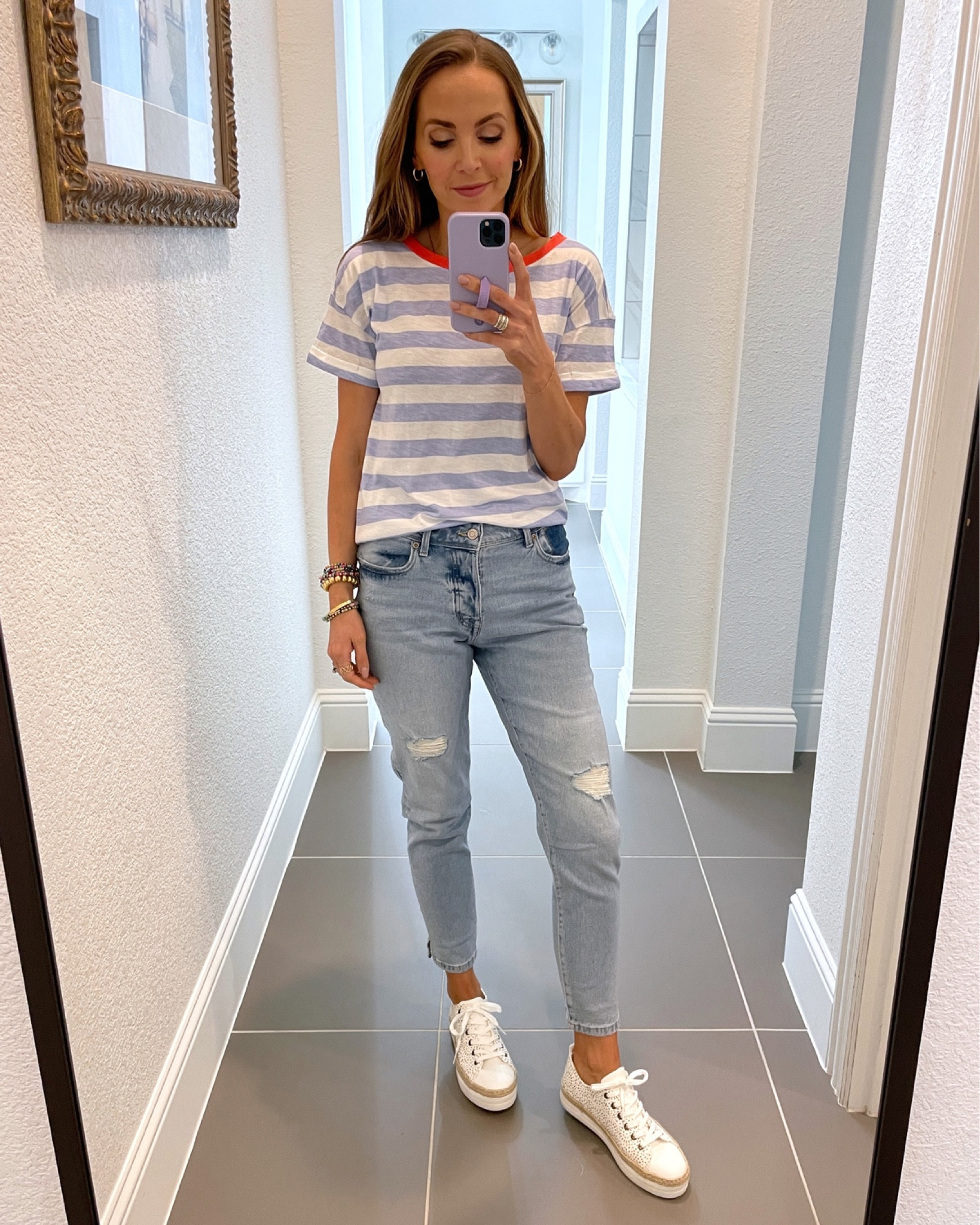@maurices striped tee, lightwash distressed jeans, white sneakers for summer momiform look

#LTKstyletip #LTKSeasonal #LTKunder50
